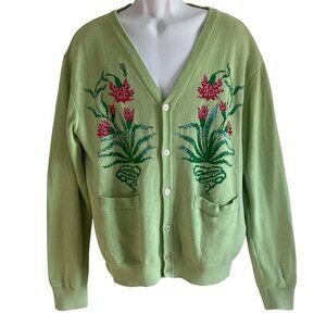 Obey Poppy Cardigan Sweater Mens Large Green Floral Cotton V Neck Unisex